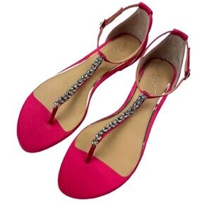 Badgley Mischka Jewel Carrol Pink Satin T-Strap Sandals Flats Rhinestone 9.5